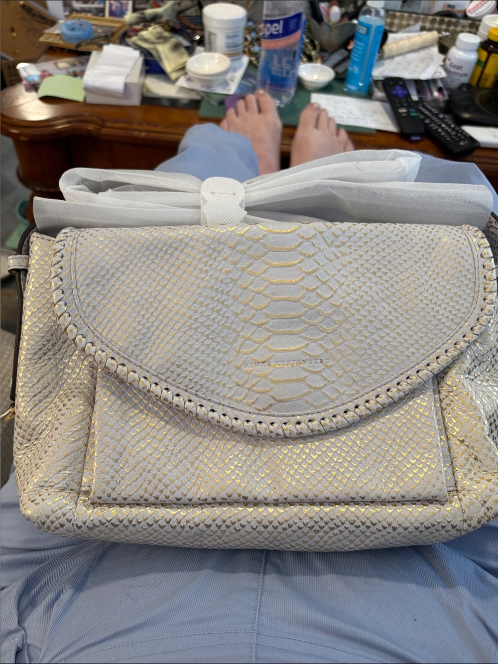 New Aimee Kestenberg Textured White & Gold Shoulder Bag with Snakeskin Detail